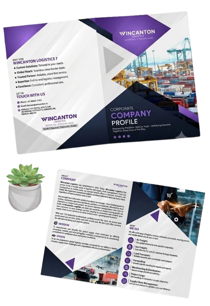 2 mockups of a transportation company profile showing cover page and inner pages
